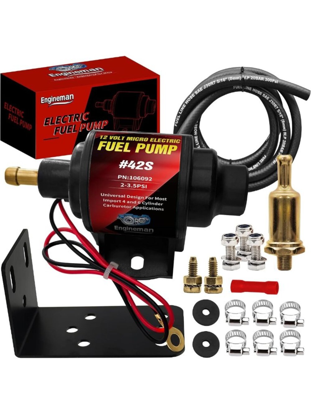 Universal 12V Electric Fuel Pump - 28GPH, 2-3.5 PSI, 6.56FT Fuel Line Hose